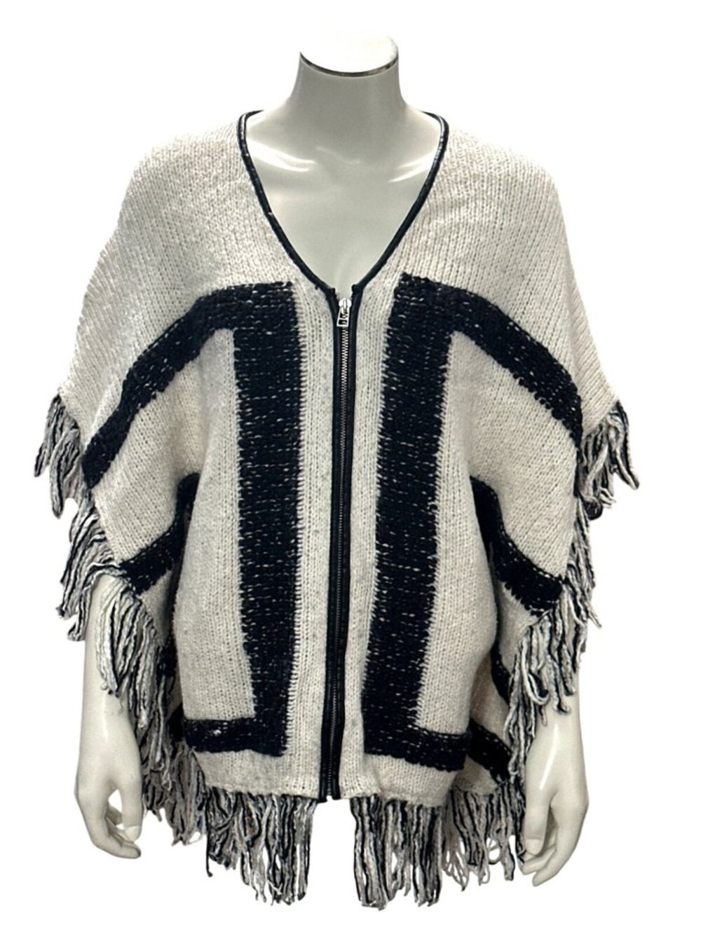 Handcrafted Luxury Black White Poncho Geometric Design Fringe Knit Zip Up One Si